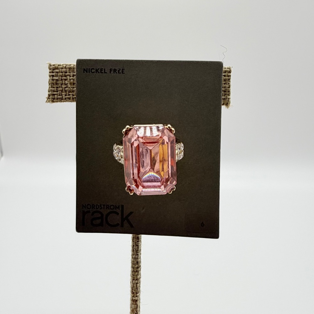 Nordstrom Rack Pink Emerald Cut Crystal Gold Tone Rhinestone Cocktail Ring Sz 6